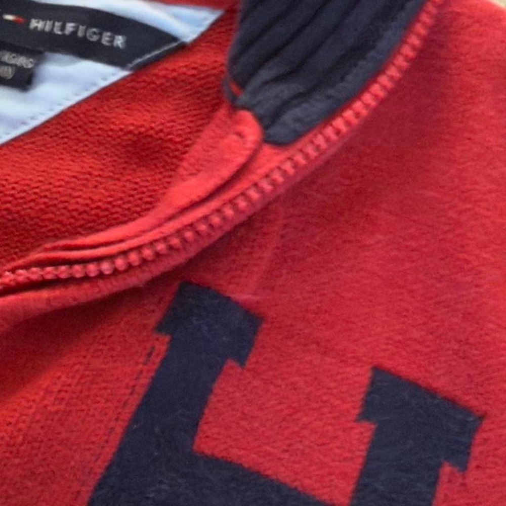 Tommy Hilfiger - Men's XL Quarter Zip Sweater - Red Navy Varsity H Logo Pullover - Picture 2 of 4